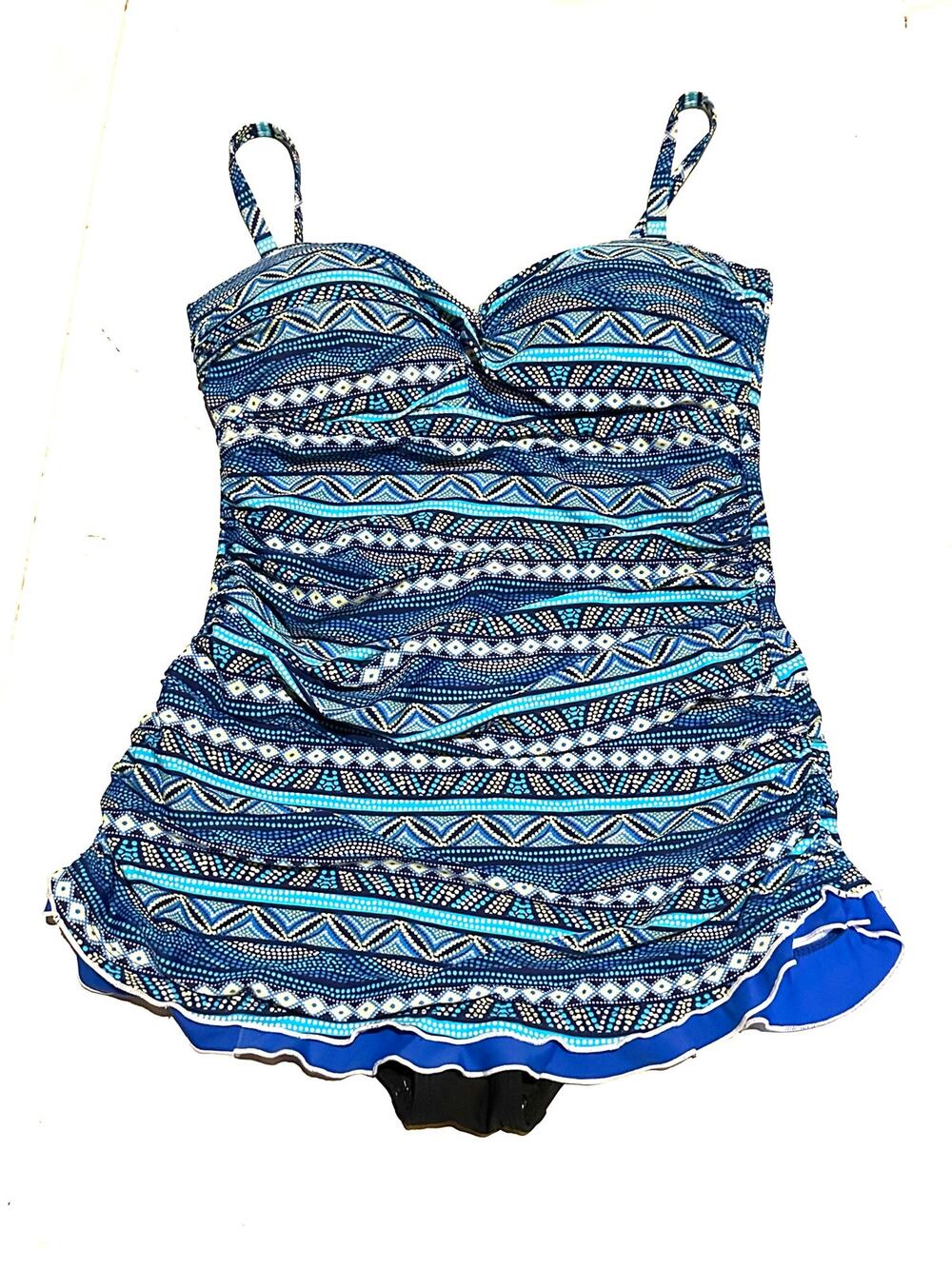 Hilor One Piece Swimdress Women's Blue Geometric Tummy Control Swimwear Size 10